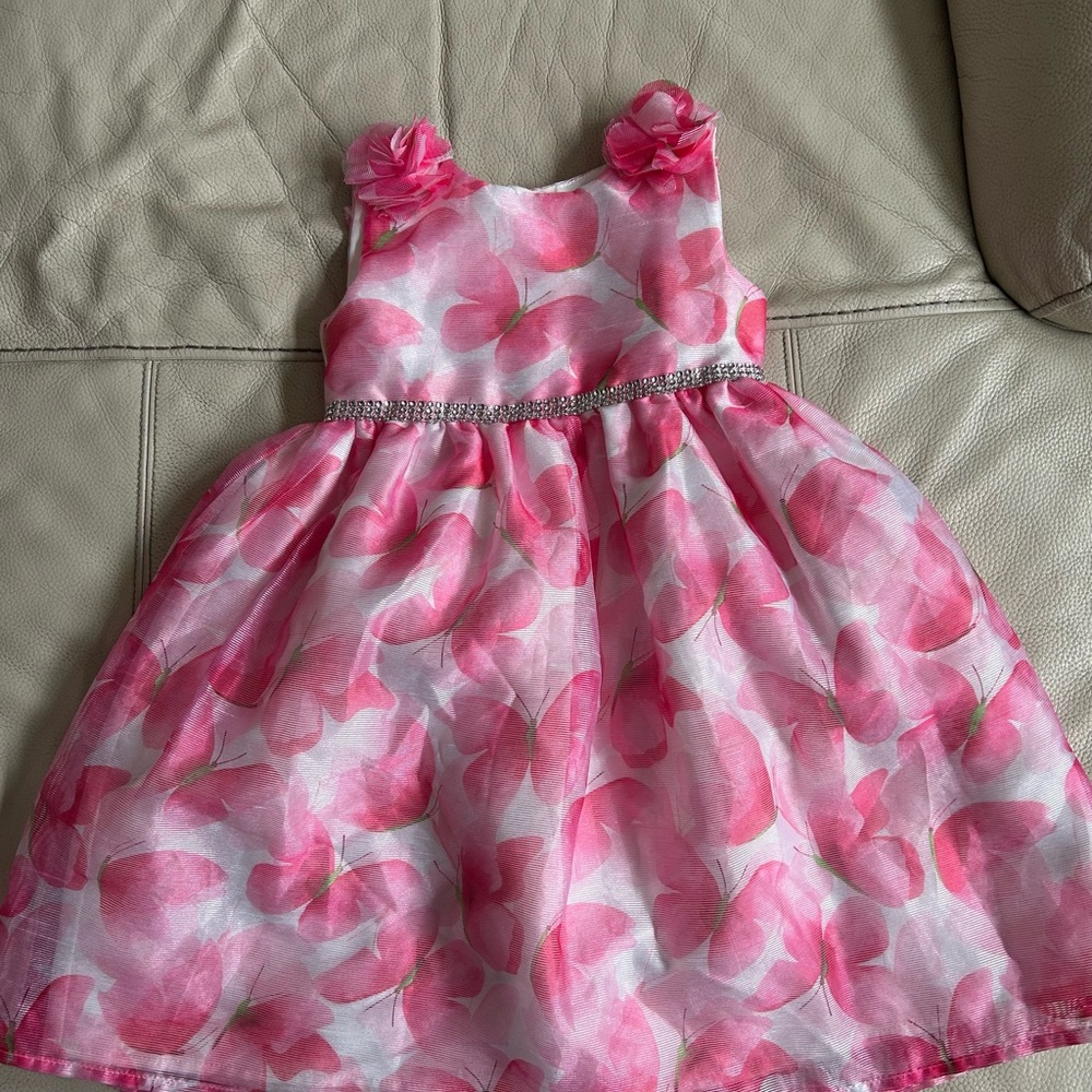 Girls Pink Floral Sleeveless Dress with Rosette Details, Size 6